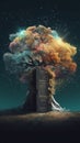 Big tree with entrance multicolored space fortext. AI Generative Royalty Free Stock Photo
