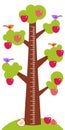 Big tree with green leaves birds and red apples on white background Children height meter wall sticker, kids measure. Vector