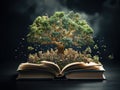 A big tree growing from an open book on a dark background. 3d rendering. Generative AI Royalty Free Stock Photo