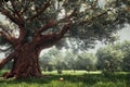 A big tree with multiple branches in a park. A sunny morning, sun beam coming through the branches, generative ai Royalty Free Stock Photo