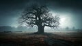 Big tree Mysterious pathway. Footpath in the dark, foggy, autumnal, mysterious forest Royalty Free Stock Photo