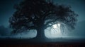 Big tree Mysterious pathway. Footpath in the dark, foggy, autumnal, mysterious forest