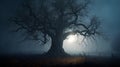 Big tree Mysterious pathway. Footpath in the dark, foggy, autumnal, mysterious forest