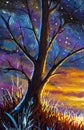 Big tree in the night at sunset dawn painting fantasy landscape fine art