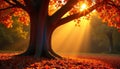 A big tree with orange leaves and a lot of fallen leaves on the ground Royalty Free Stock Photo