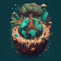 Big tree and plants overgrowing globe on dark background, created using generative ai technology