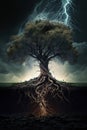 Big tree with strong roots resists thunder storm. Royalty Free Stock Photo