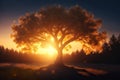 big tree on sun set background ai generative Royalty Free Stock Photo