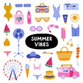 Big trendy set about summer holiday, tropical beach, hot weather, summer rest. Hand drawn vector vacation set in flat style. Royalty Free Stock Photo