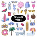 Big trendy set about summer holiday, tropical beach, hot weather, summer rest. Hand drawn vector vacation set in flat style. Royalty Free Stock Photo