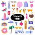 Big trendy set about summer holiday, tropical beach, hot weather, summer rest. Hand drawn vector vacation set in flat style. Royalty Free Stock Photo