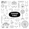 Big trendy set about summer holiday, tropical beach, hot weather, summer rest. Hand drawn vector vacation set in flat style. Royalty Free Stock Photo