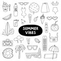 Big trendy set about summer holiday, tropical beach, hot weather, summer rest. Hand drawn vector vacation set in flat style. Royalty Free Stock Photo