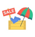 Big tropical item beach sale, stuff umbrella and shoes lie wooden box, concept clearance flat vector illustration