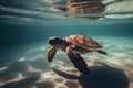 Big tropical turtle swims in blue sea. Turtle in natural environment