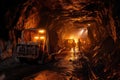 A big truck drives through a tunnel filled with dirt, underground mining tunne, AI Generated