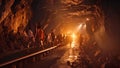 A big truck drives through a tunnel filled with dirt, underground mining tunne, AI Generated