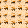 Big Truck Pattern. A truck on the road on a sandy color. Vector cartoon substrate with an inscription and vehicles for Royalty Free Stock Photo