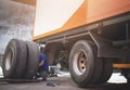 A Big Truck Wheels and Tires. Truck Spare Wheels Tyre Waiting For to Change. Trailer Maintenace and Repairing. Royalty Free Stock Photo