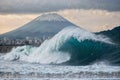 big tsunami wave hit coast of japan - cataclysm storm destroying asian city with flood