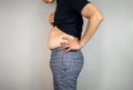 Big Tummy and looking worried by standing asian man