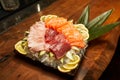 Big tuna in a restaurant, tuna head, tuna on the table, tuna, before preparing dishes, tuna in a plate, assorted, sushi with tuna Royalty Free Stock Photo