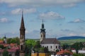 Big Turkish Minaret and church bell tower in Eger cityscape Royalty Free Stock Photo