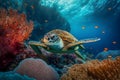 Big turtle swimming, colorful underwater background with coral riffs Royalty Free Stock Photo