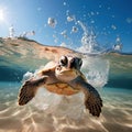 big turtle swims under blue transparent clear water photo half underwater Royalty Free Stock Photo