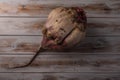 Big ugly organic ripe beetroot on a wooden background, close up
