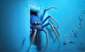 Big ugly spider coming out of a hole in the wall. Blue background with copy space. Generative AI