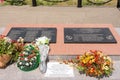 Big Utrish, Russia - May 17, 2016: Commemorative plate of the memorial complex on the island of Utrish, on the site of a mass