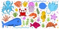 Big vector children baby set of marine underwater animals.Isolated cartoon style.Octopus, whale, jellyfish, turtle, stingray, fish
