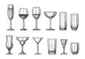 Big collection of hand drawn cocktail glasses for different drinks. Royalty Free Stock Photo