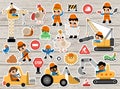 Big vector construction site and road work stickers set. Building patches collection with funny kid builders, transport, bulldozer Royalty Free Stock Photo