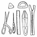 Big vector doodle sewing set. Vector tailoring tools icons. Sewing mannequin, machine, measuring and cutting supplies, Black