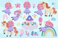 Big vector fairy stickers set. Fairytale patch icon collection with funny little princess, rainbow, unicorn, falling star. Cute