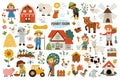 Big vector farm set. Rural icons collection with funny kid farmers, barn, country house, animals, birds, tractor, windmill, hay Royalty Free Stock Photo