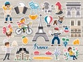 Big vector French stickers set. France patches icons collection with funny Eiffel tower, Notre dame, people, animals, croissant, Royalty Free Stock Photo