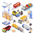 Big vector isometric set with types and stages of delivery, logistics for infographics, web design. Royalty Free Stock Photo