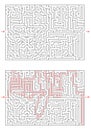 Big vector rectangular labyrinth with entry and exit. Difficulty level - hard. Maze with solution - red passing route