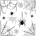 Big vector set of cobwebs and hanging spiders silhouette isolated on white. line art of spider webs and spiders for Royalty Free Stock Photo