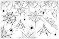 Big vector set of cobwebs and hanging spiders silhouette isolated on white. line art of spider webs and spiders for Royalty Free Stock Photo