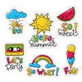 Set of cool stickers, patches with text and summer elements.