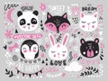 Big Vector set with cute cartoon animals - bear, panda, bunny, penguin, cat, fox