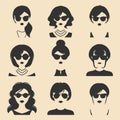 Big vector set of different women app icons in sunglasses in flat style. Female faces or heads images.
