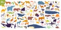 Big vector set of different world wild animals, mammals, fish, reptiles and birds. Rare animals. Funny flat characters, good for b
