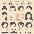 Big vector set of dress up constructor with different woman haircuts, glasse etc. Female faces icon creator. Royalty Free Stock Photo