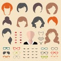 Big vector set of dress up constructor with different woman haircuts, glasses, lips etc. Female faces icon creator. Royalty Free Stock Photo