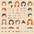 Big vector set of dress up constructor with different woman haircuts, glasses, lips etc. Flat faces icon creator. Royalty Free Stock Photo